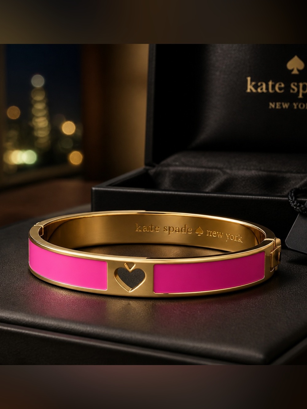 kate spade Pink Enamel Gold-Tone Heart Hinge Bangle Bracelet